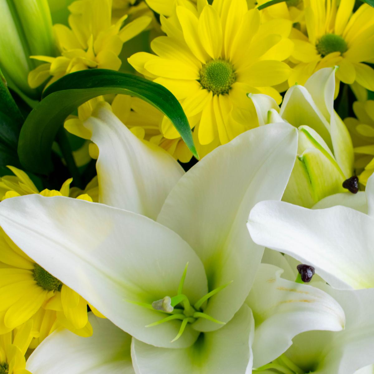 3 лилии с жёлтой хризантемой